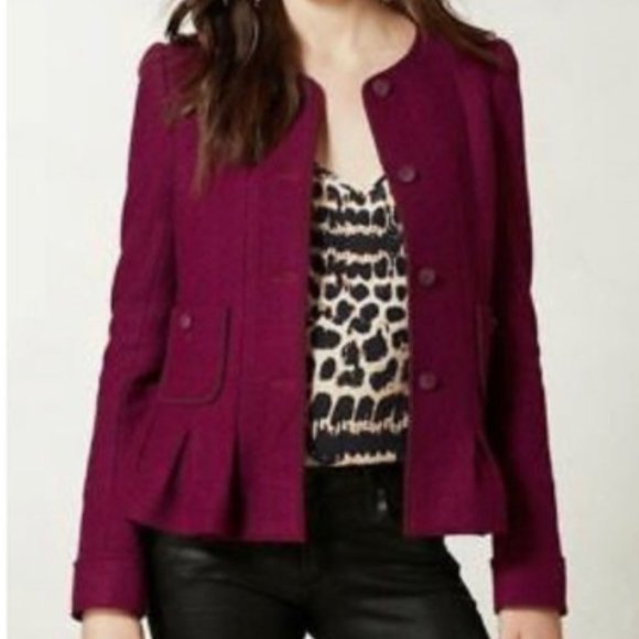 Anthropologie Elevenses Raspberry Peplum Structured Wool Blend Blazer - Picture 3 of 16